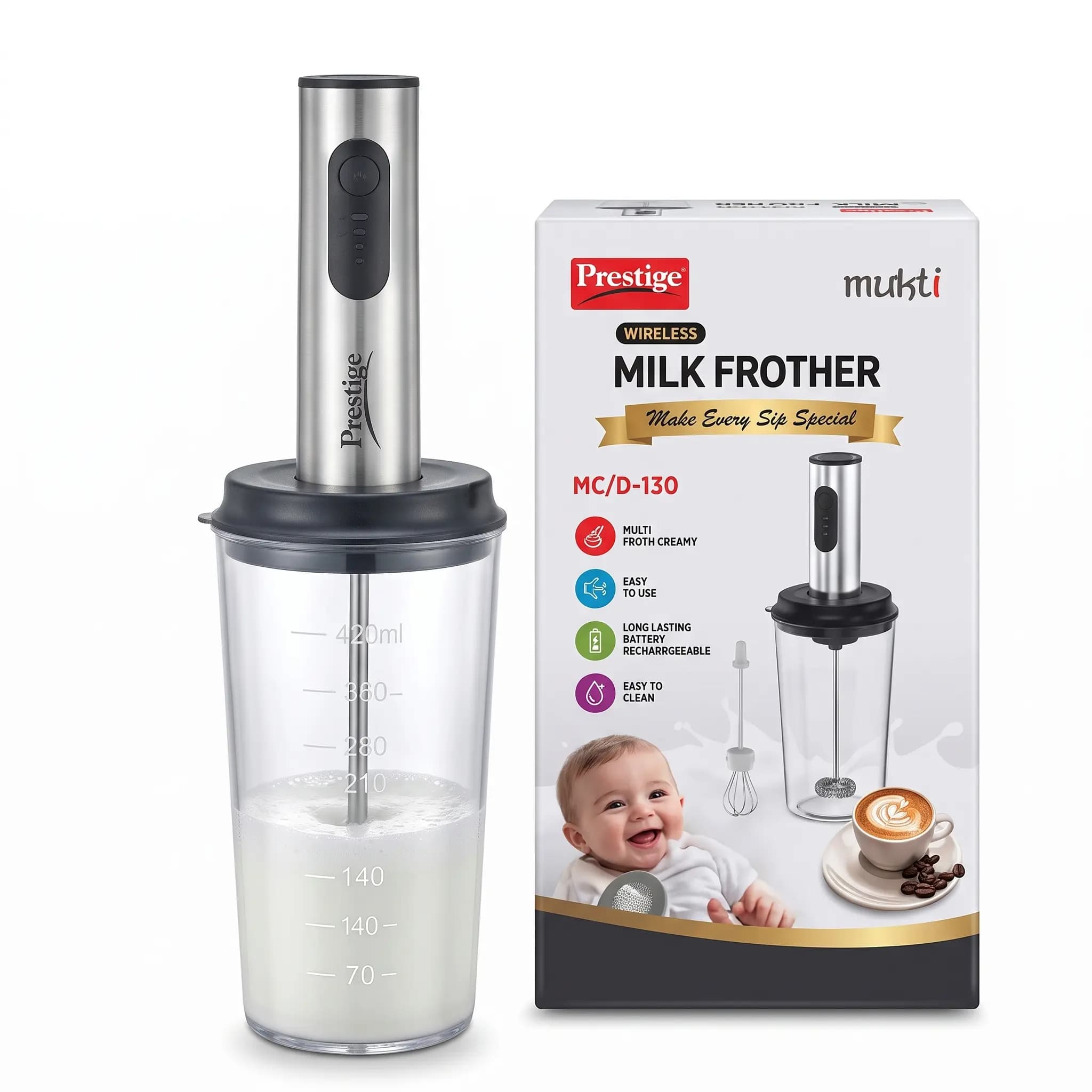 Prestige Mukti Wireless Rechargeable Coffee Whisk & Milk Frother with Jar – Multifunction Electric Coffee Mixer