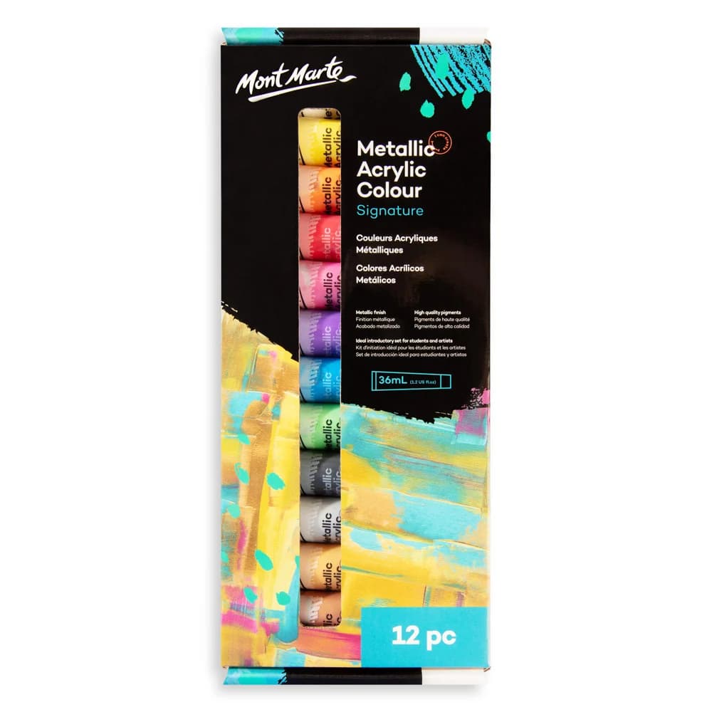 Mont Marte Metallic Acrylic Colour Paint Set Signature 12pc x 36ml (1.2 US fl.oz)