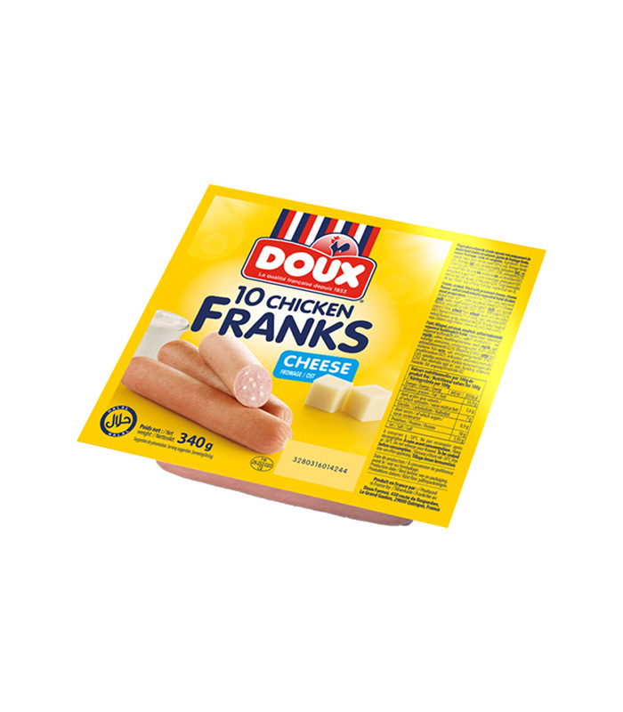 Doux Chicken Franks Cheese Flavoured – Juicy & Cheesy Hot Dog Sausages